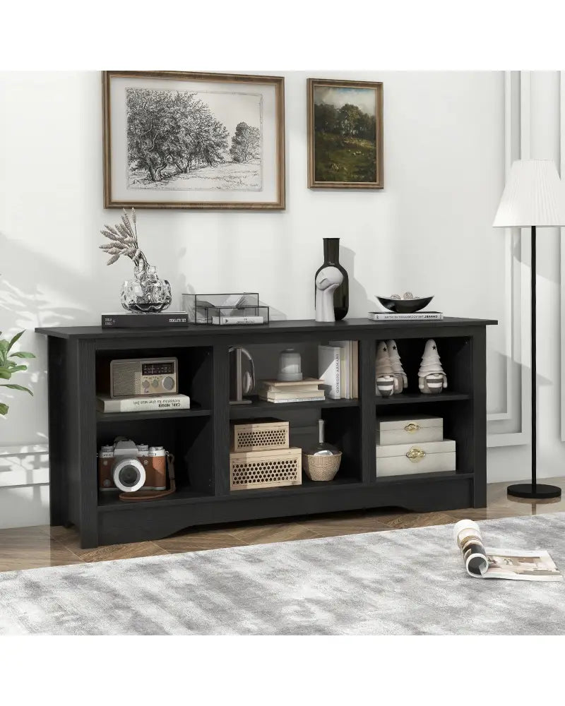 TV Stand for up to 65 Inch Flat Screen TVs with Adjustable Shelves for 18 Inch Electric Fireplace (Not Included)-Black