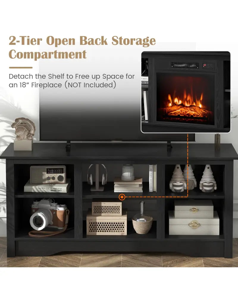 TV Stand for up to 65 Inch Flat Screen TVs with Adjustable Shelves for 18 Inch Electric Fireplace (Not Included)-Black