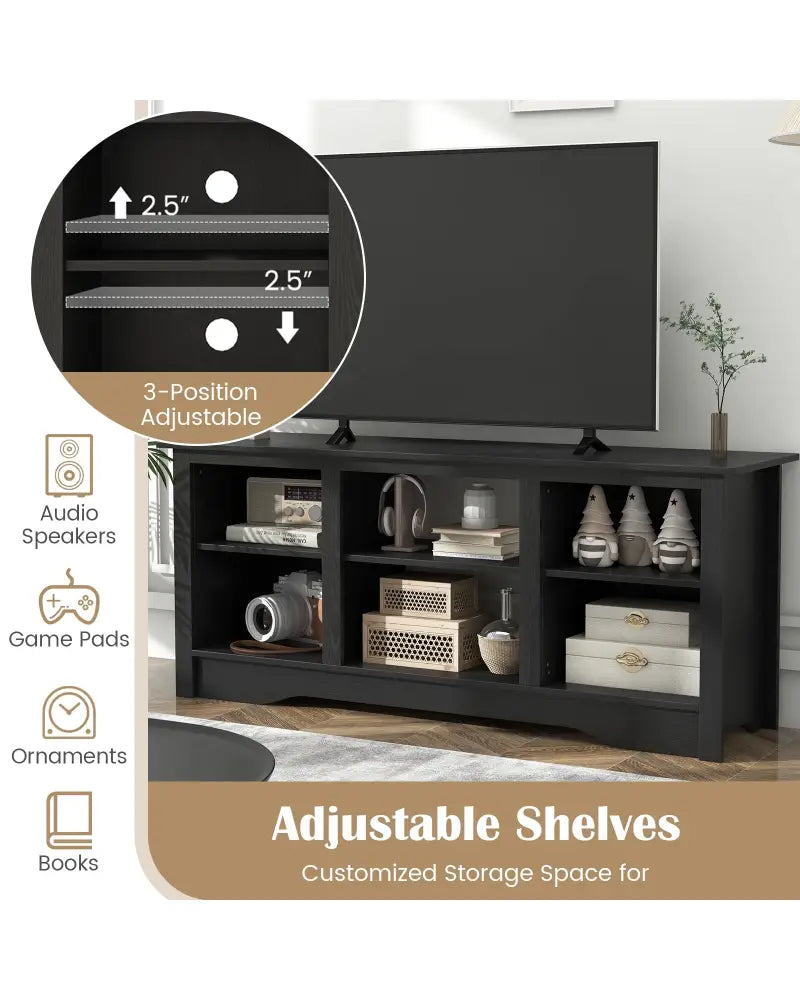 TV Stand for up to 65 Inch Flat Screen TVs with Adjustable Shelves for 18 Inch Electric Fireplace (Not Included)-Black