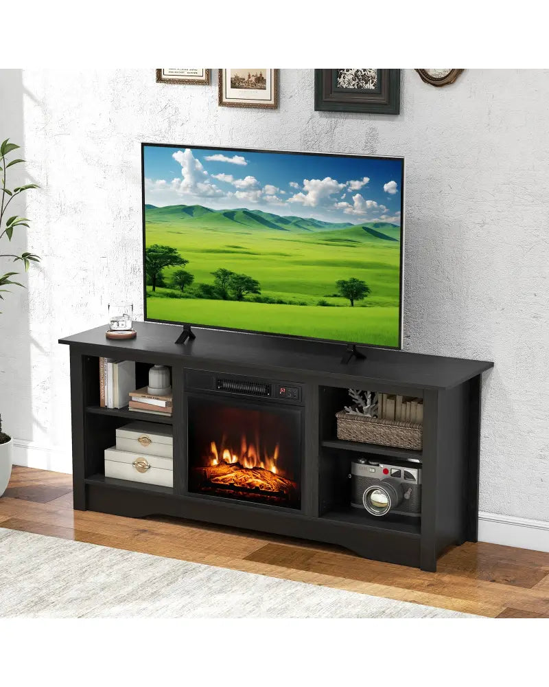 TV Stand for up to 65 Inch Flat Screen TVs with Adjustable Shelves for 18 Inch Electric Fireplace (Not Included)-Black