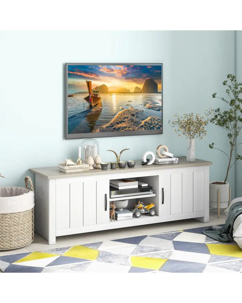 TV Stand with 2 Cabinets and Open Shelves for TVs up to 65 Inch-Natural - Natural - Entertainment Centers & TV Stands