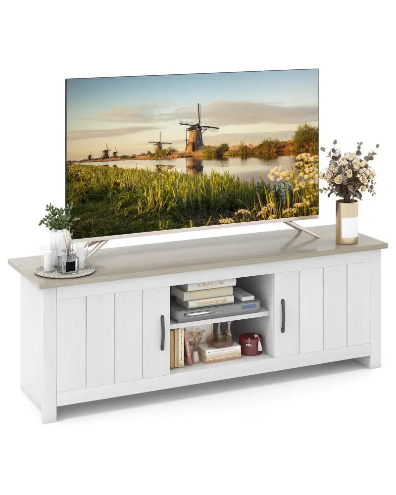 TV Stand with 2 Cabinets and Open Shelves for TVs up to 65 Inch-Natural - Natural - Entertainment Centers & TV Stands