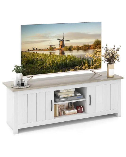 TV Stand with 2 Cabinets and Open Shelves for TVs up to 65 Inch-Natural - Natural - Entertainment Centers & TV Stands