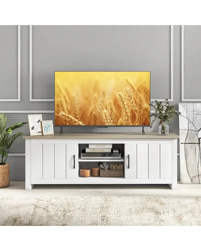 TV Stand with 2 Cabinets and Open Shelves for TVs up to 65 Inch-Natural - Natural - Entertainment Centers & TV Stands
