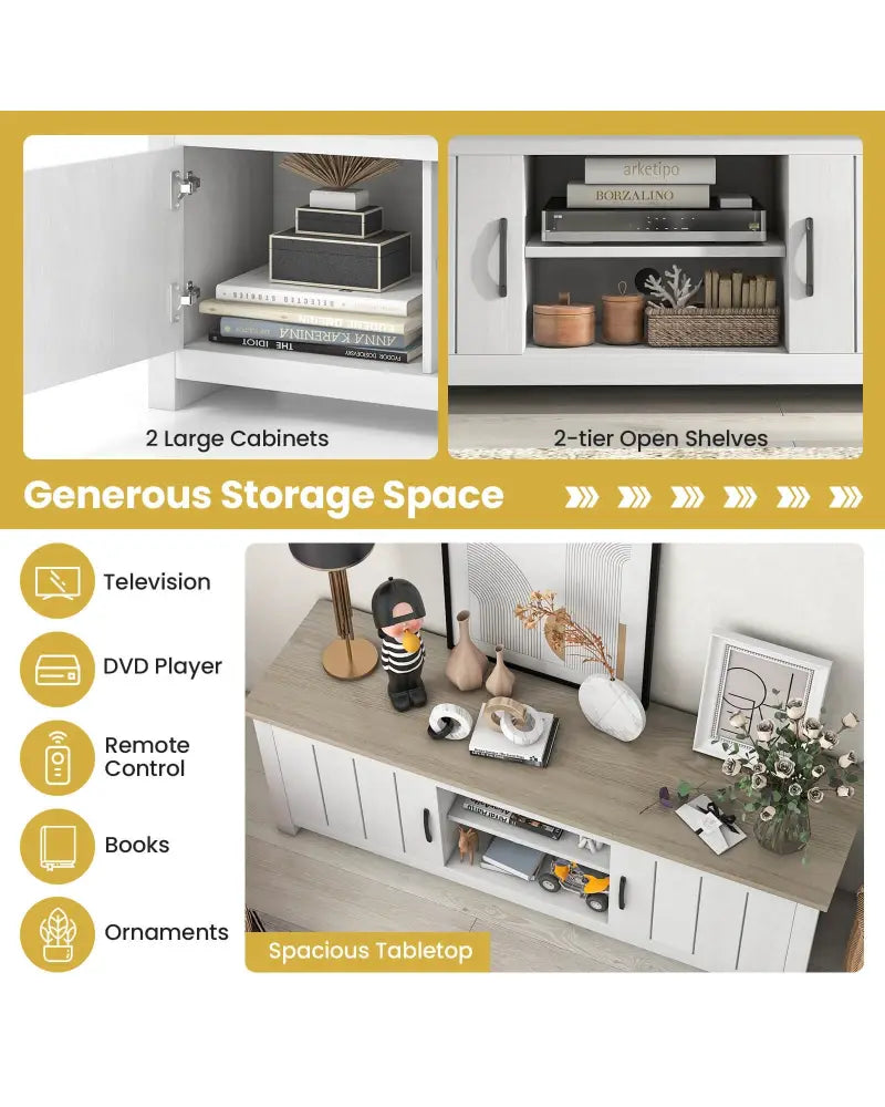 TV Stand with 2 Cabinets and Open Shelves for TVs up to 65 Inch-Natural - Natural - Entertainment Centers & TV Stands