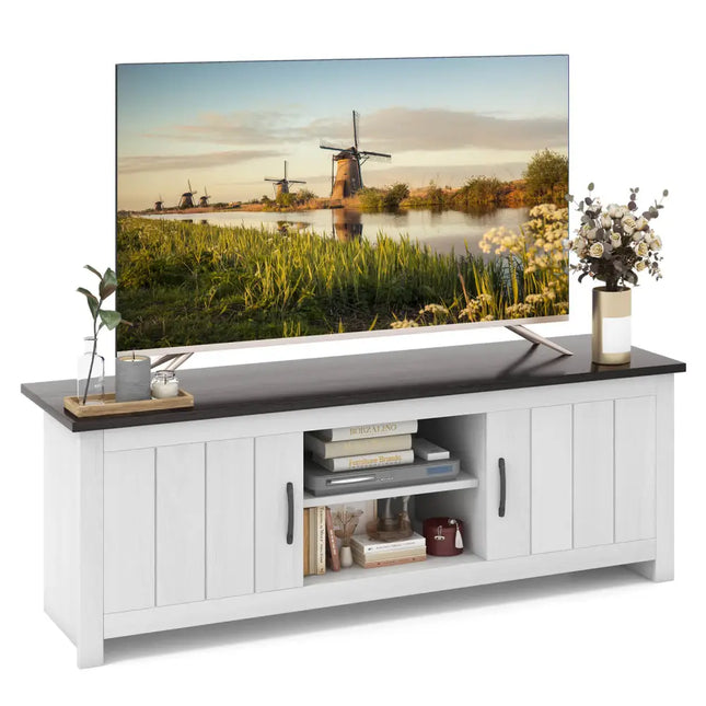 TV Stand with 2 Cabinets and Open Shelves for TVs up to 65 Inches-Black - Dark Brown - Living Room