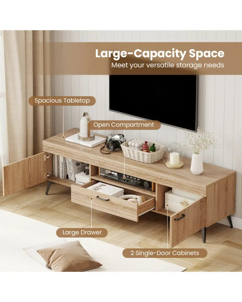 TV Stand with 2 Cabinets and Storage Drawer for 65 Inches TVs-Oak - Oak - Entertainment Centers & TV Stands