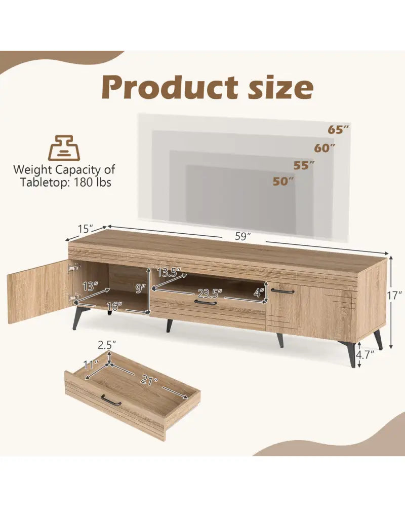 TV Stand with 2 Cabinets and Storage Drawer for 65 Inches TVs-Oak - Oak - Entertainment Centers & TV Stands