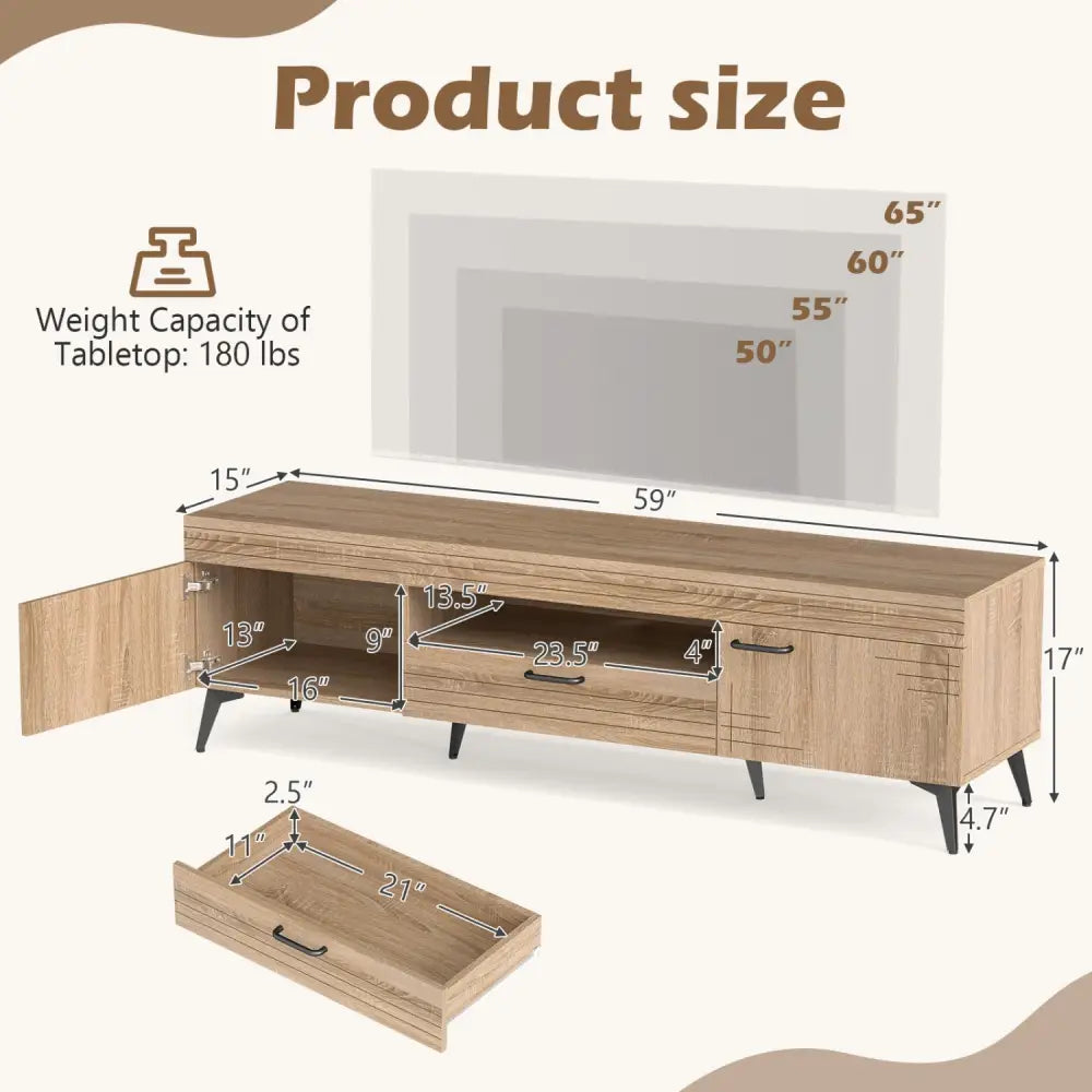 TV Stand with 2 Cabinets and Storage Drawer for 65 Inches TVs-Oak - Oak - Entertainment Centers & TV Stands
