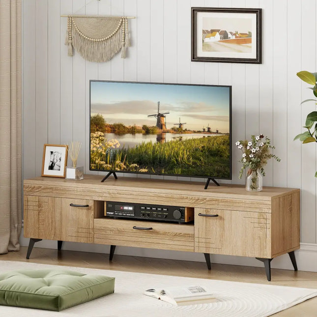 TV Stand with 2 Cabinets and Storage Drawer for 65 Inches TVs-Oak - Oak - Entertainment Centers & TV Stands