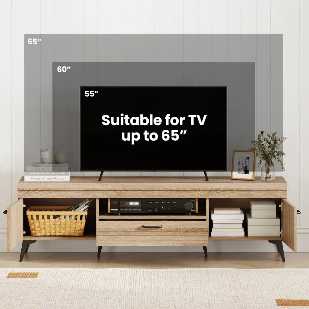 TV Stand with 2 Cabinets and Storage Drawer for 65 Inches TVs-Oak - Oak - Entertainment Centers & TV Stands