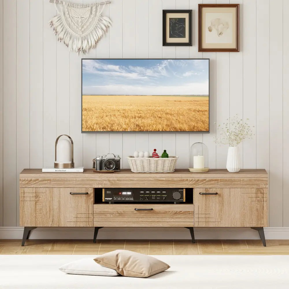 TV Stand with 2 Cabinets and Storage Drawer for 65 Inches TVs-Oak - Oak - Entertainment Centers & TV Stands