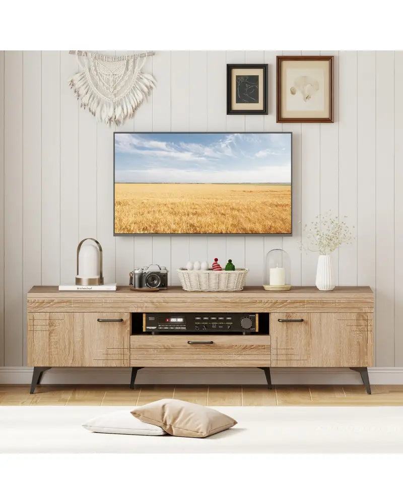 TV Stand with 2 Cabinets and Storage Drawer for 65 Inches TVs-Oak - Oak - Entertainment Centers & TV Stands