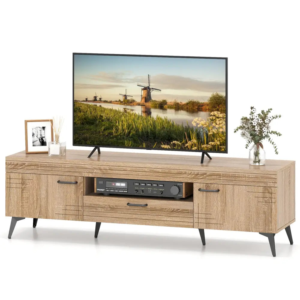TV Stand with 2 Cabinets and Storage Drawer for 65 Inches TVs-Oak - Oak - Entertainment Centers & TV Stands