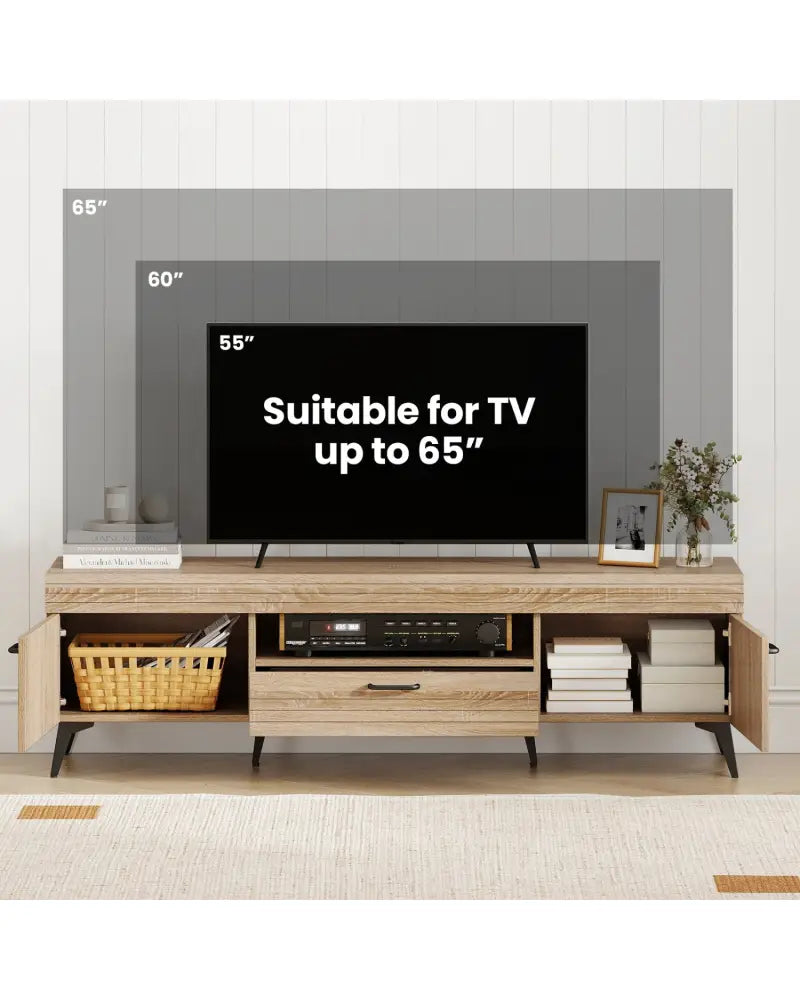 TV Stand with 2 Cabinets and Storage Drawer for 65 Inches TVs-Oak - Oak - Entertainment Centers & TV Stands