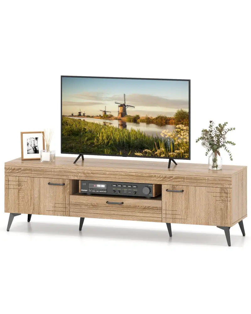 TV Stand with 2 Cabinets and Storage Drawer for 65 Inches TVs-Oak - Oak - Entertainment Centers & TV Stands
