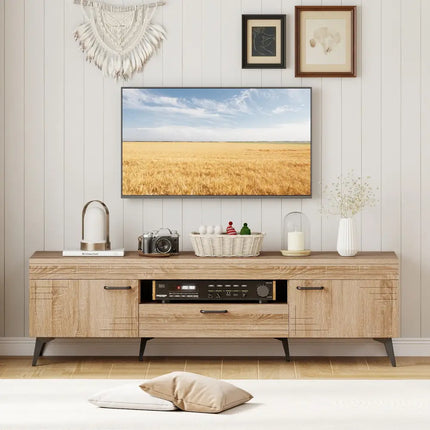 TV Stand with 2 Cabinets and Storage Drawer for 65 Inches TVs-Oak - Oak - Entertainment Centers & TV Stands