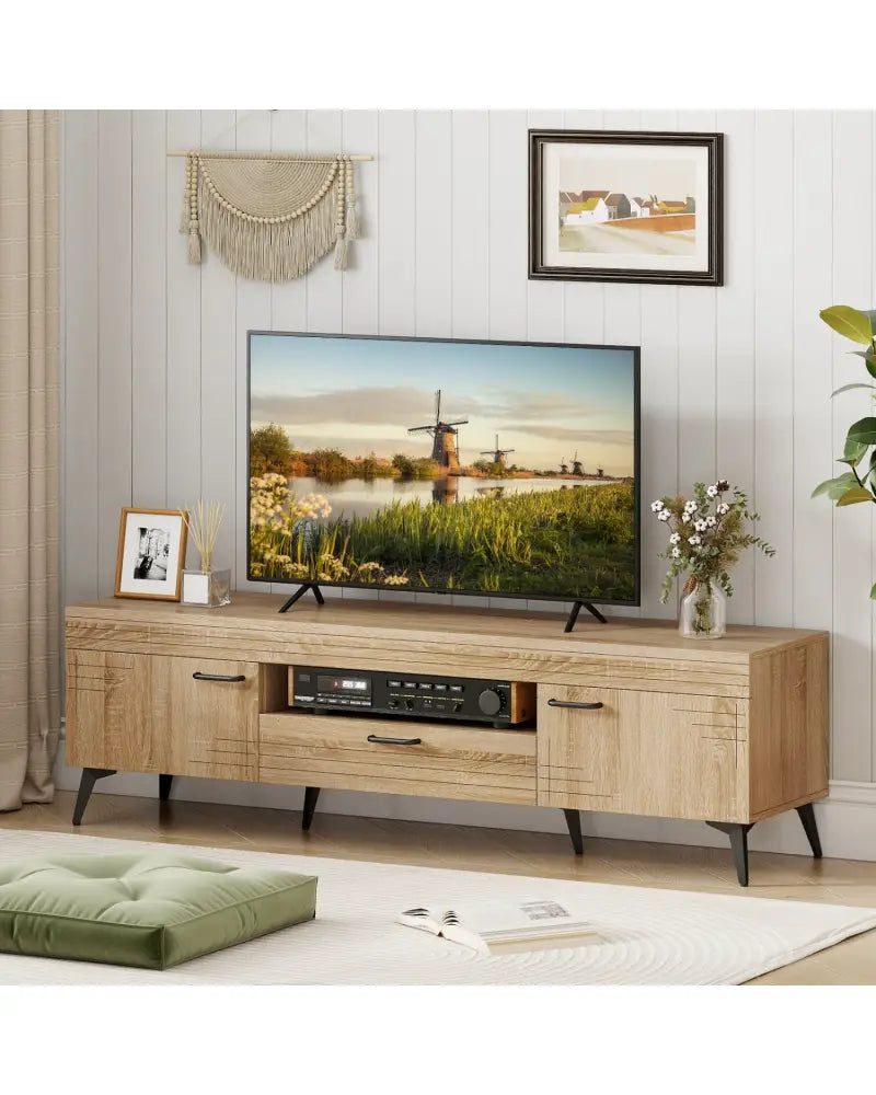 TV Stand with 2 Cabinets and Storage Drawer for 65 Inches TVs-Oak - Oak - Entertainment Centers & TV Stands