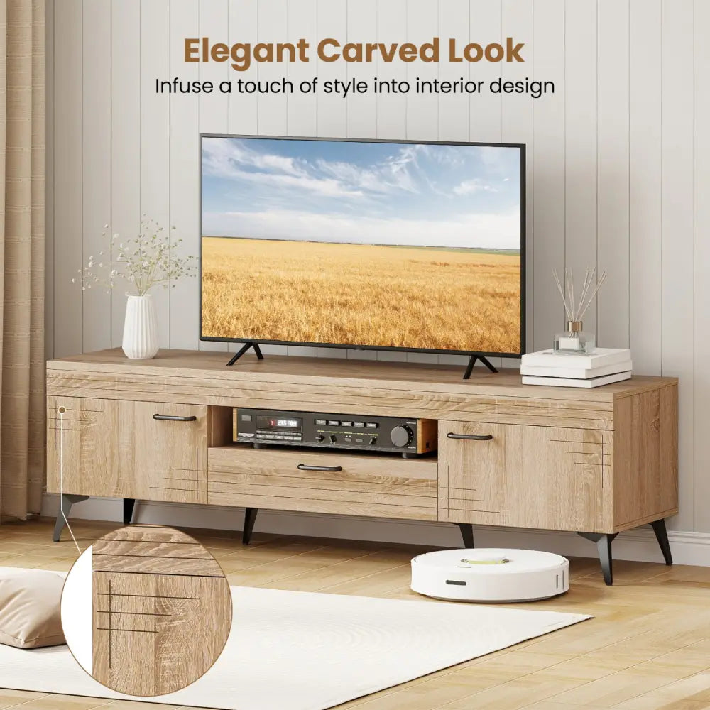 TV Stand with 2 Cabinets and Storage Drawer for 65 Inches TVs-Oak - Oak - Entertainment Centers & TV Stands
