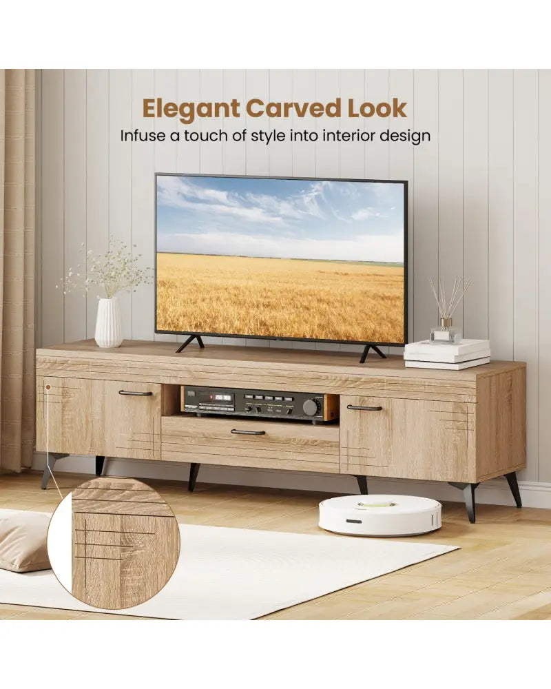 TV Stand with 2 Cabinets and Storage Drawer for 65 Inches TVs-Oak - Oak - Entertainment Centers & TV Stands