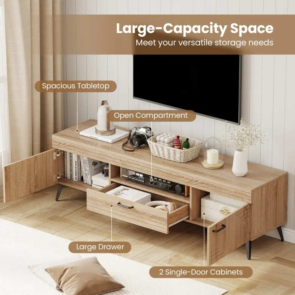 TV Stand with 2 Cabinets and Storage Drawer for 65 Inches TVs-Oak - Oak - Entertainment Centers & TV Stands