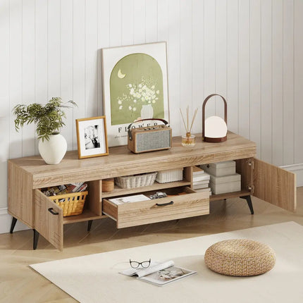 TV Stand with 2 Cabinets and Storage Drawer for 65 Inches TVs-Oak - Oak - Entertainment Centers & TV Stands