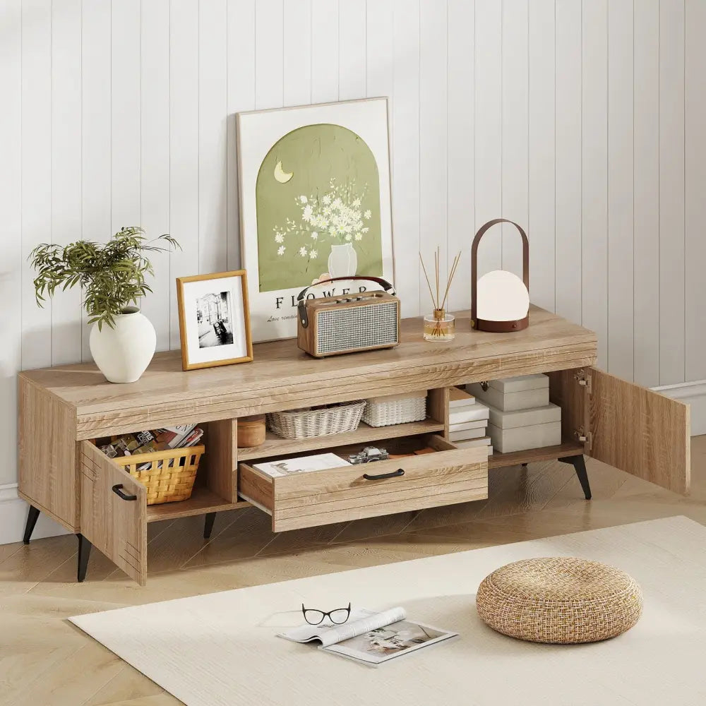 TV Stand with 2 Cabinets and Storage Drawer for 65 Inches TVs-Oak - Oak - Entertainment Centers & TV Stands