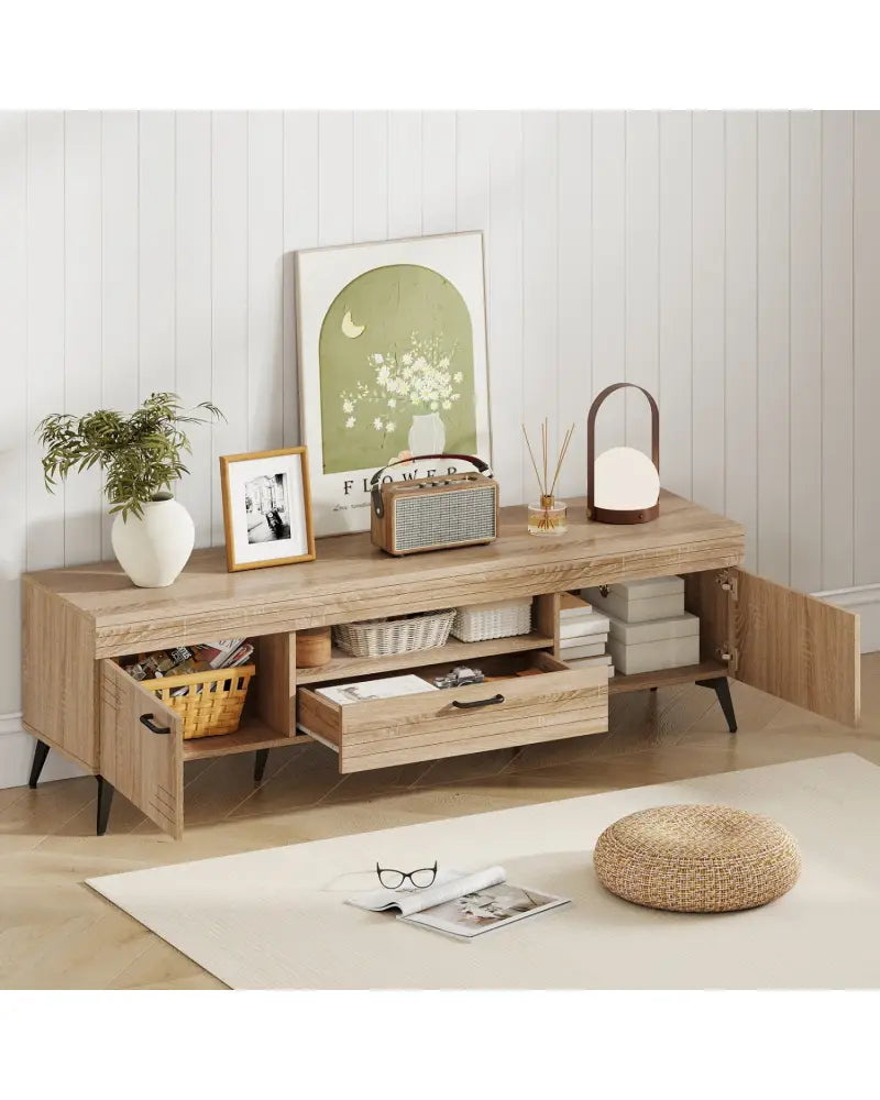 TV Stand with 2 Cabinets and Storage Drawer for 65 Inches TVs-Oak - Oak - Entertainment Centers & TV Stands