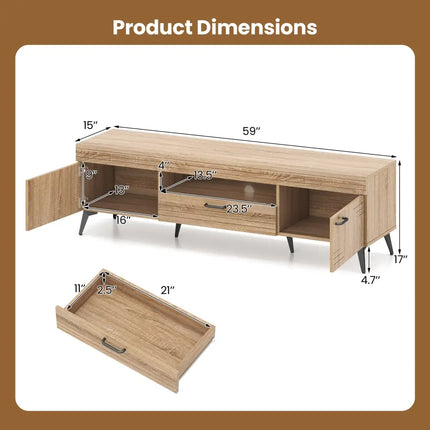 TV Stand with 2 Cabinets and Storage Drawer for 65 Inches TVs-Oak - Oak - Entertainment Centers & TV Stands