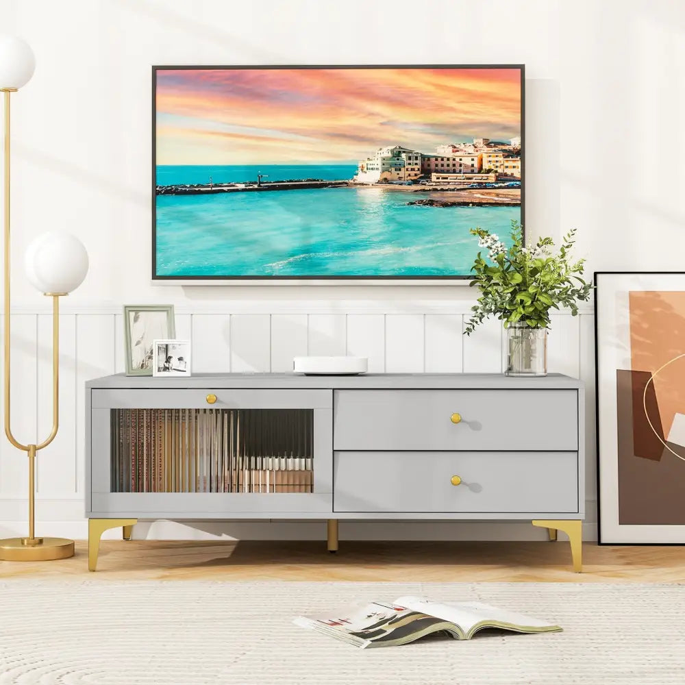 TV Stand with Compartment and Drawers for 55 Inch TV-Gray - Gray - Entertainment Centers & TV Stands