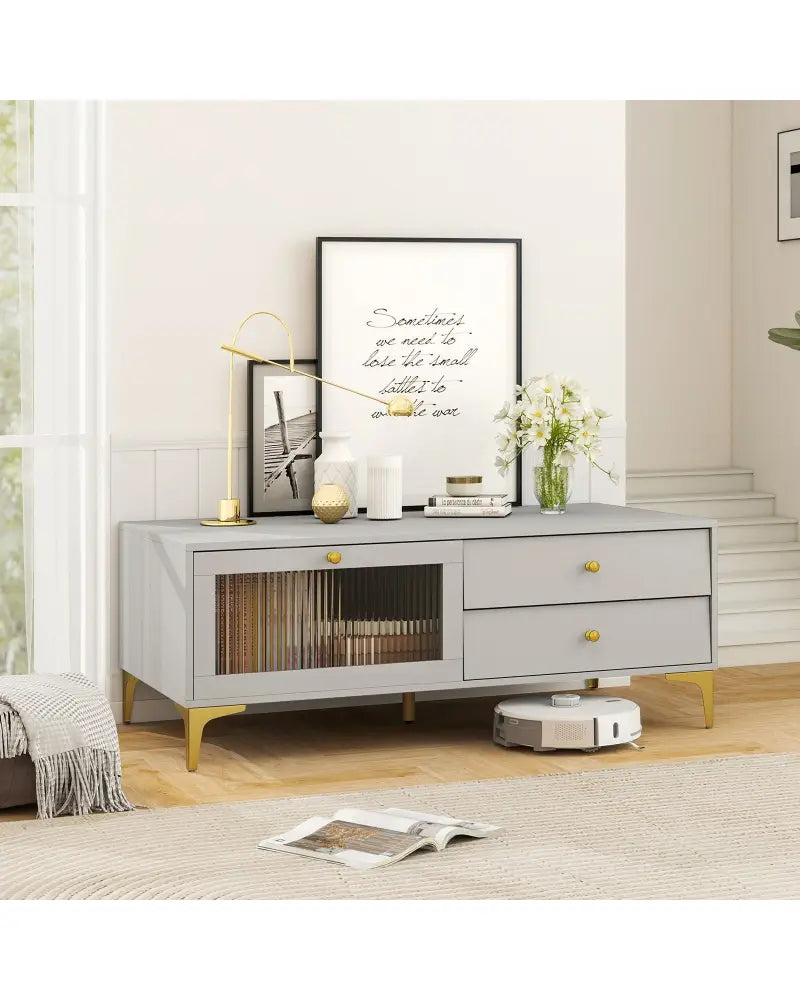 TV Stand with Compartment and Drawers for 55 Inch TV-Gray - Gray - Entertainment Centers & TV Stands