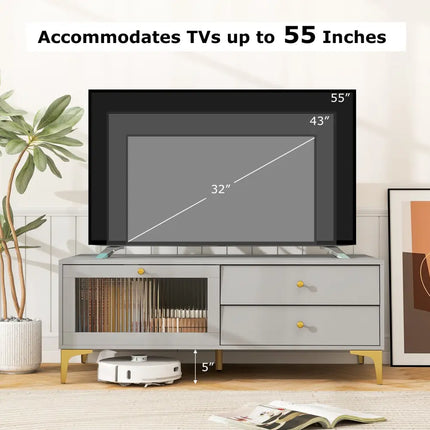 TV Stand with Compartment and Drawers for 55 Inch TV-Gray - Gray - Entertainment Centers & TV Stands