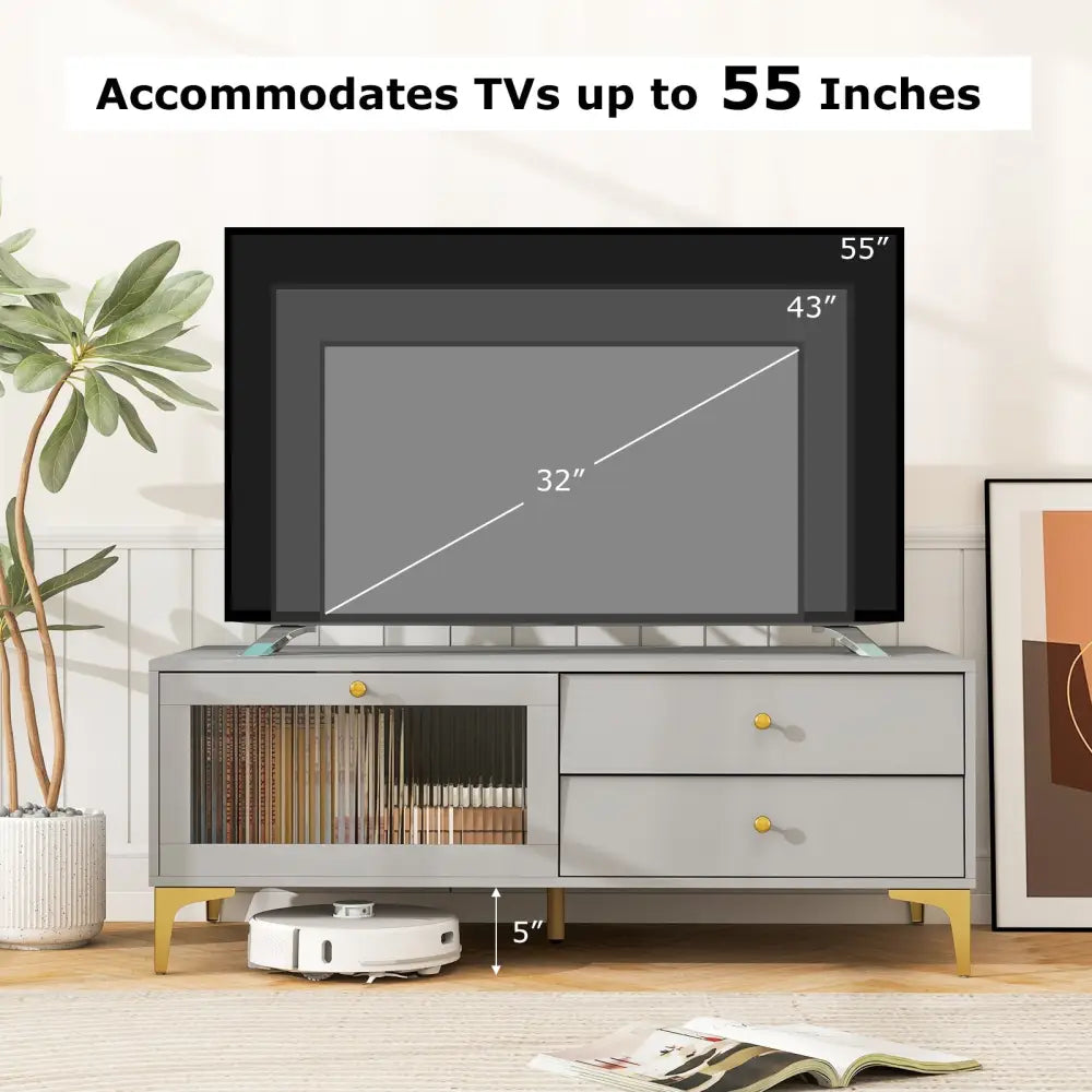 TV Stand with Compartment and Drawers for 55 Inch TV-Gray - Gray - Entertainment Centers & TV Stands