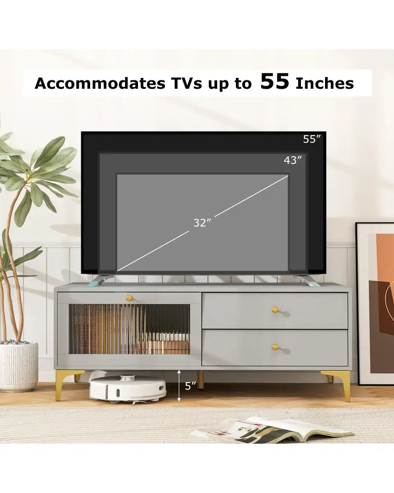 TV Stand with Compartment and Drawers for 55 Inch TV-Gray - Gray - Entertainment Centers & TV Stands