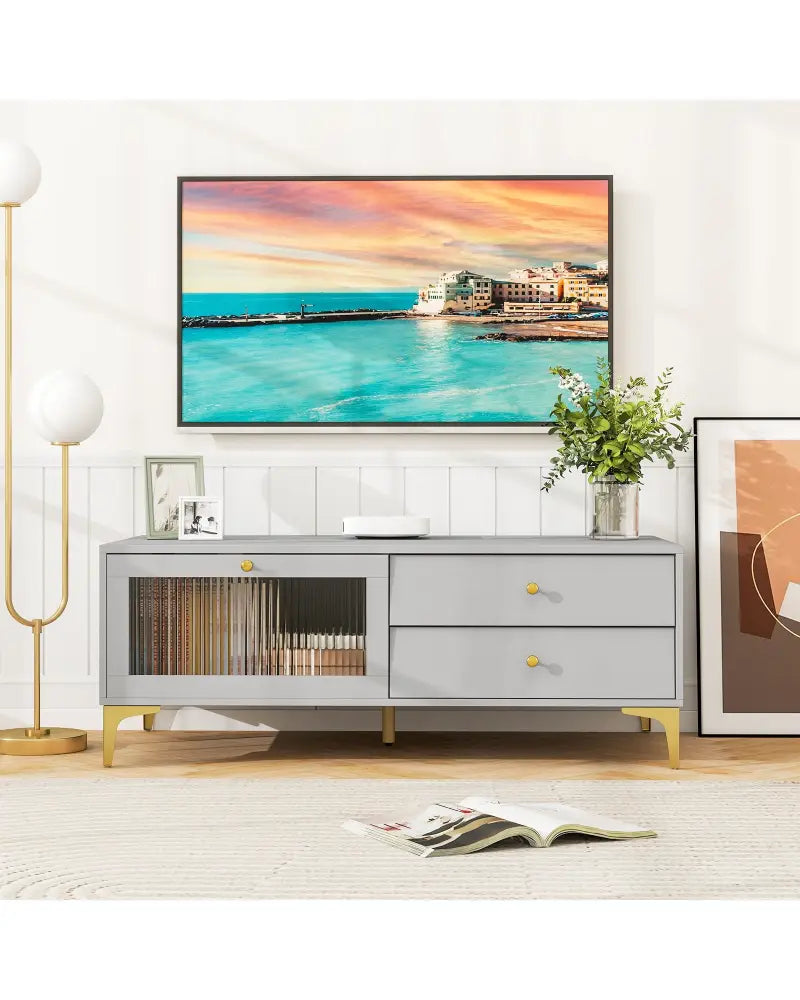 TV Stand with Compartment and Drawers for 55 Inch TV-Gray - Gray - Entertainment Centers & TV Stands