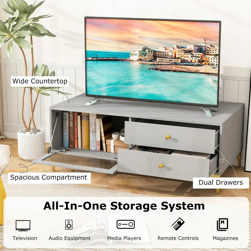 TV Stand with Compartment and Drawers for 55 Inch TV-Gray - Gray - Entertainment Centers & TV Stands