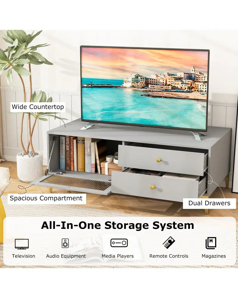 TV Stand with Compartment and Drawers for 55 Inch TV-Gray - Gray - Entertainment Centers & TV Stands