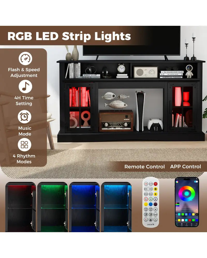 TV Stand with LED Lights and Remote Control-Black - Black - Entertainment Centers & TV Stands