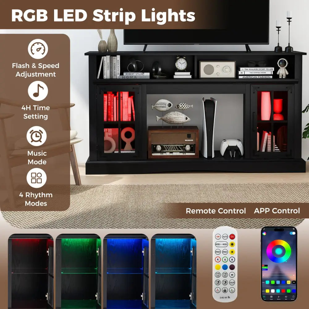 TV Stand with LED Lights and Remote Control-Black - Black - Entertainment Centers & TV Stands