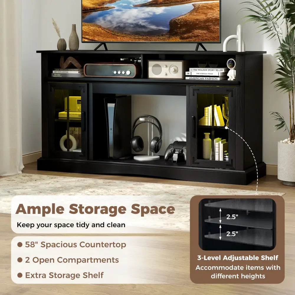 TV Stand with LED Lights and Remote Control-Black - Black - Entertainment Centers & TV Stands