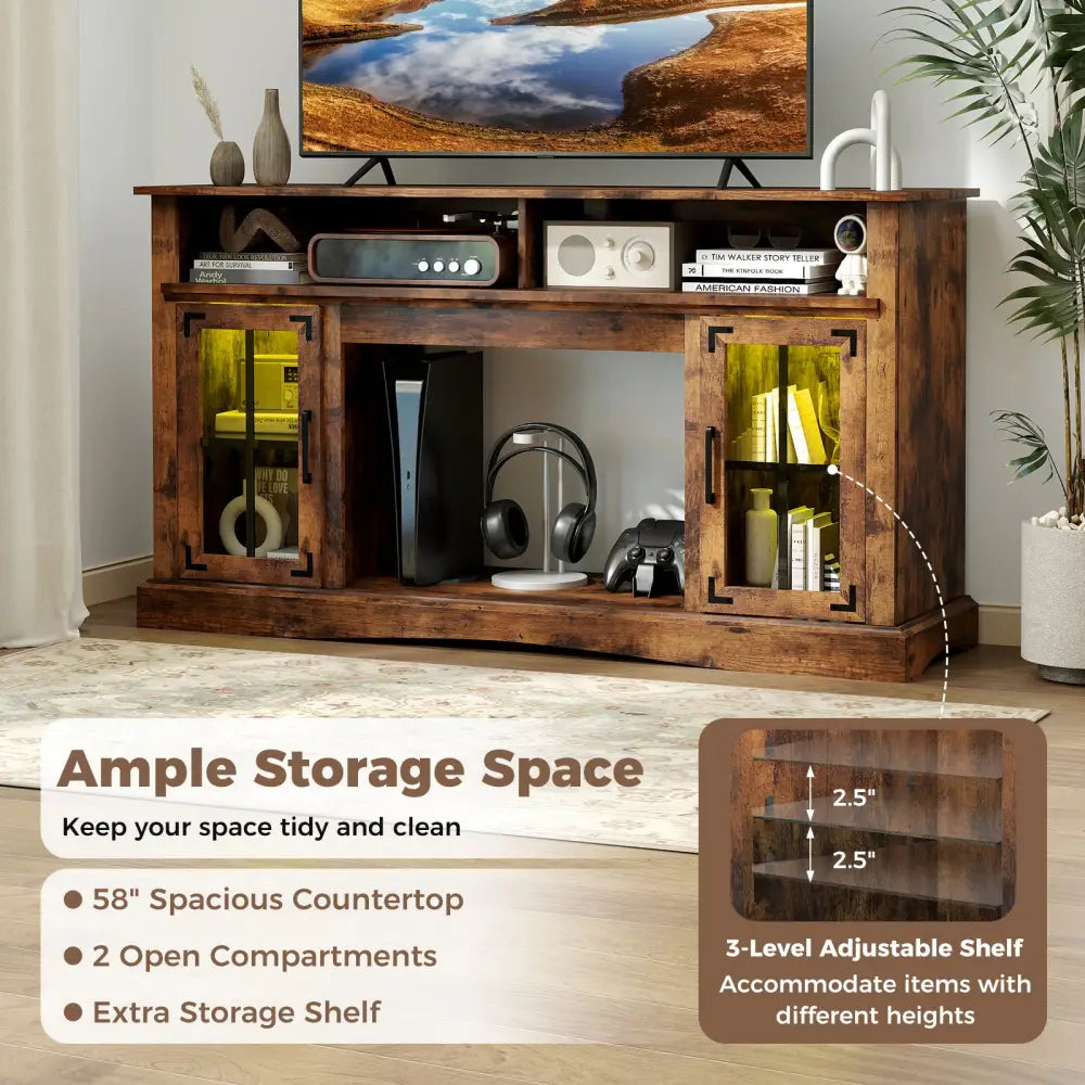 TV Stand with LED Lights and Remote Control-Rustic Brown - Rustic Brown - Entertainment Centers & TV Stands