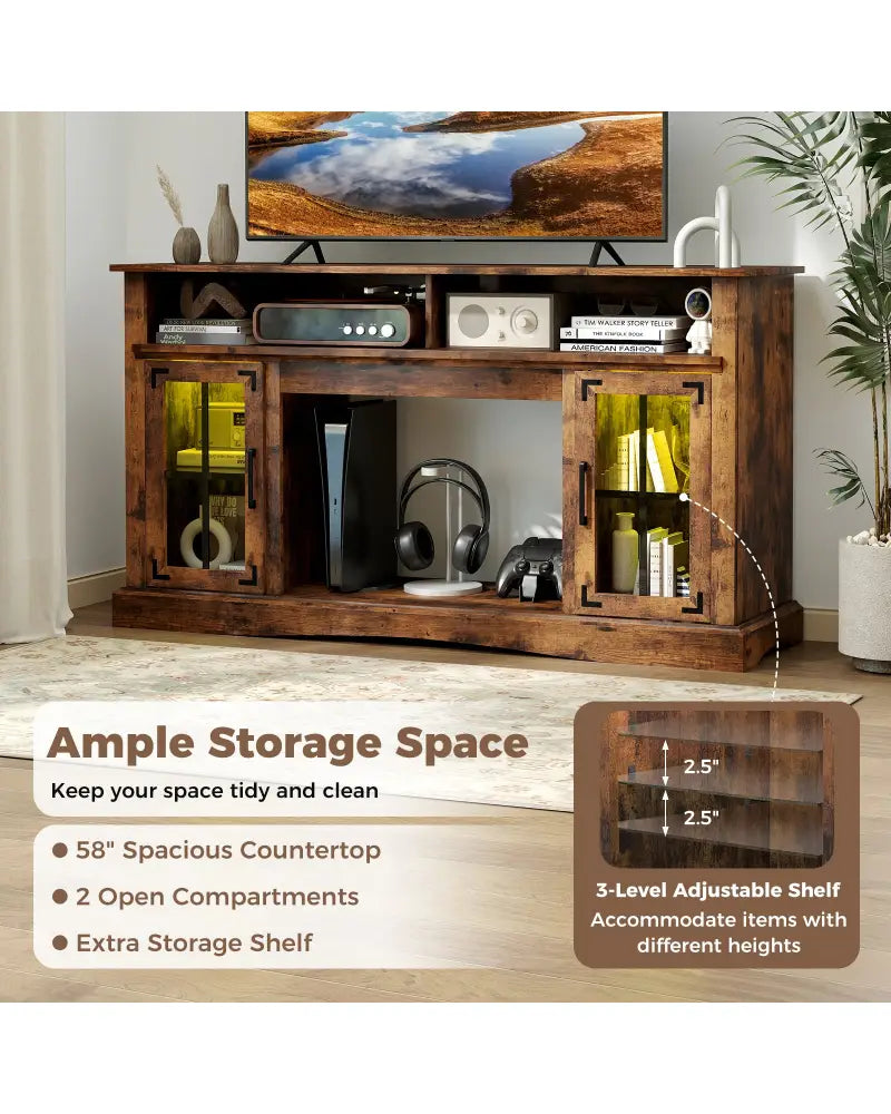 TV Stand with LED Lights and Remote Control-Rustic Brown - Rustic Brown - Entertainment Centers & TV Stands