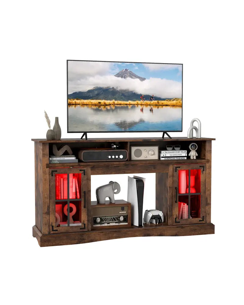 TV Stand with LED Lights and Remote Control-Rustic Brown - Rustic Brown - Entertainment Centers & TV Stands