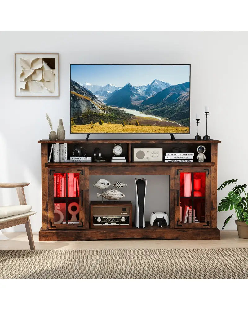 TV Stand with LED Lights and Remote Control-Rustic Brown - Rustic Brown - Entertainment Centers & TV Stands