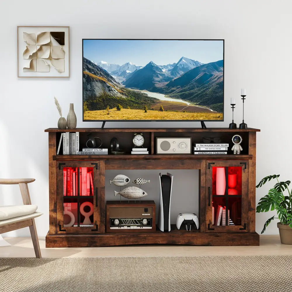 TV Stand with LED Lights and Remote Control-Rustic Brown - Rustic Brown - Entertainment Centers & TV Stands