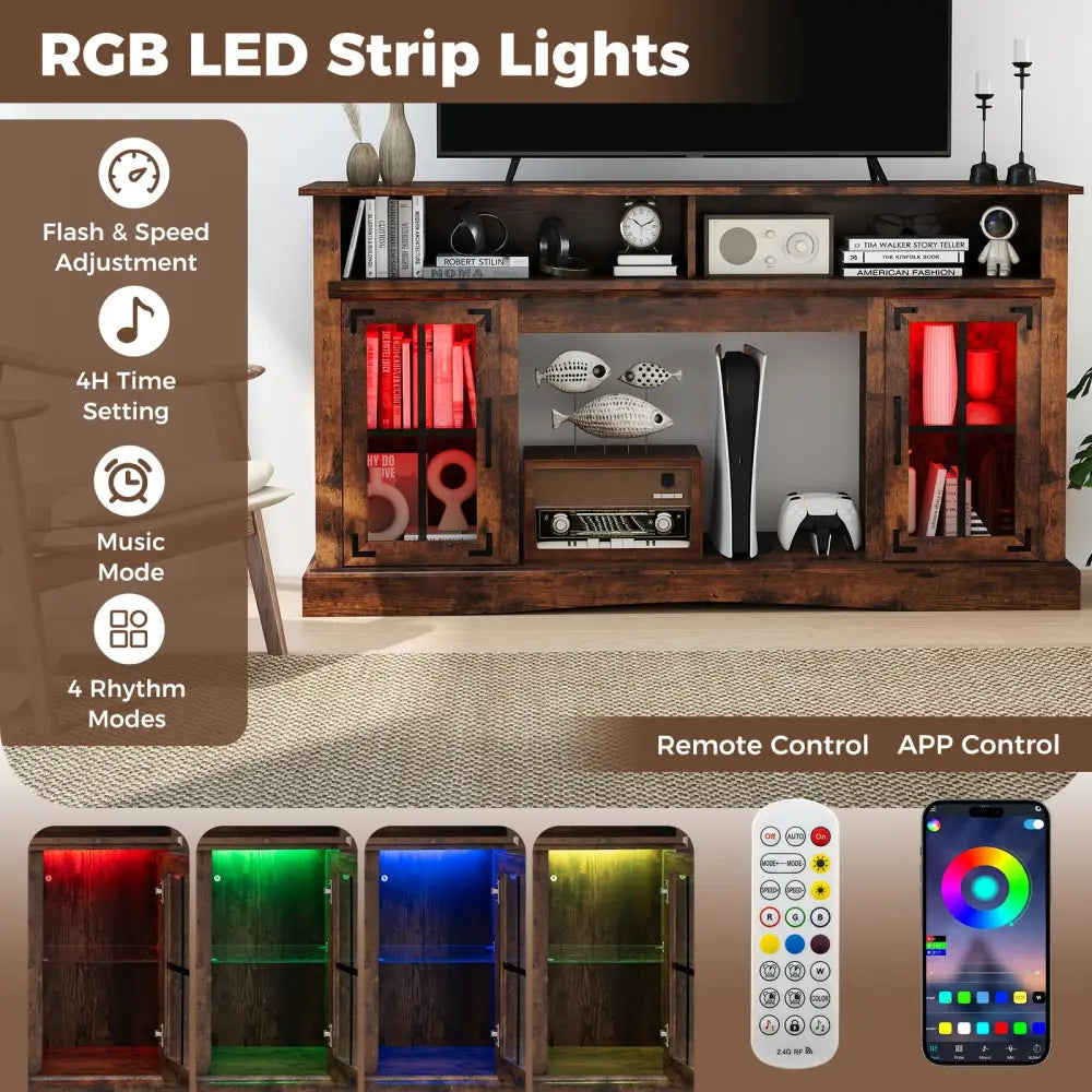 TV Stand with LED Lights and Remote Control-Rustic Brown - Rustic Brown - Entertainment Centers & TV Stands