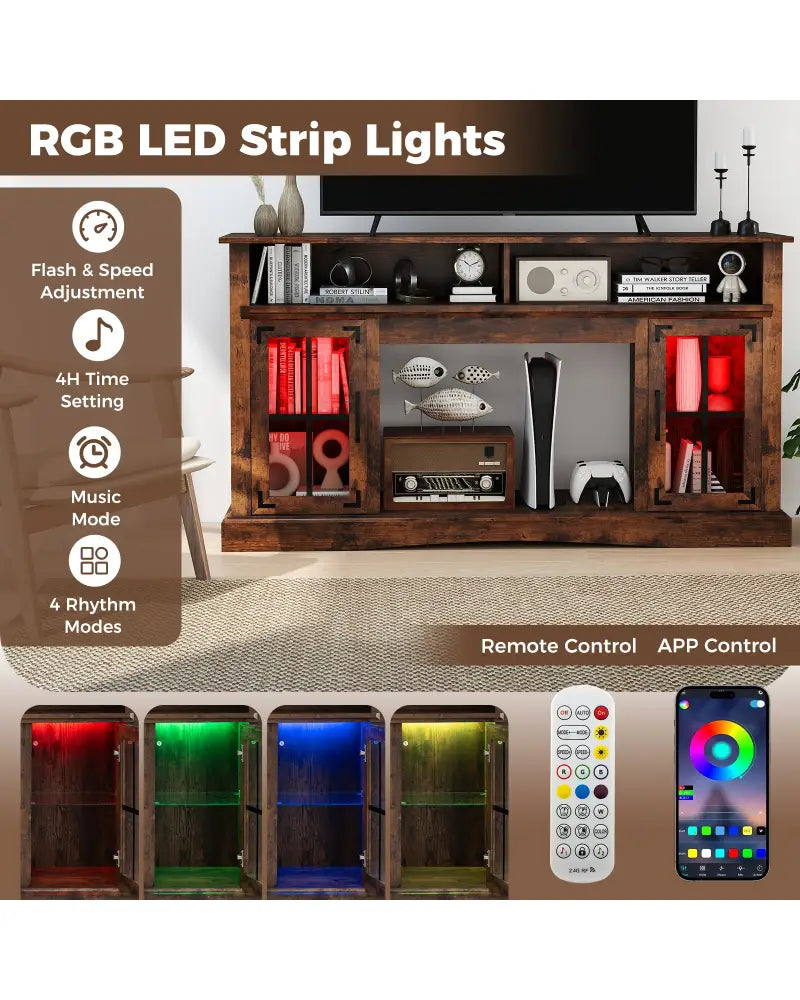 TV Stand with LED Lights and Remote Control-Rustic Brown - Rustic Brown - Entertainment Centers & TV Stands