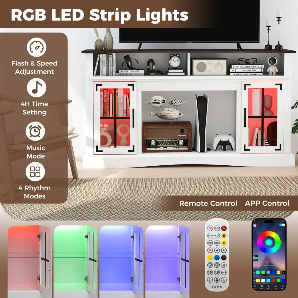 TV Stand with LED Lights and Remote Control-White - White - Entertainment Centers & TV Stands