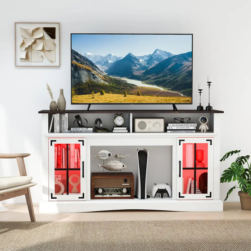 TV Stand with LED Lights and Remote Control-White - White - Entertainment Centers & TV Stands
