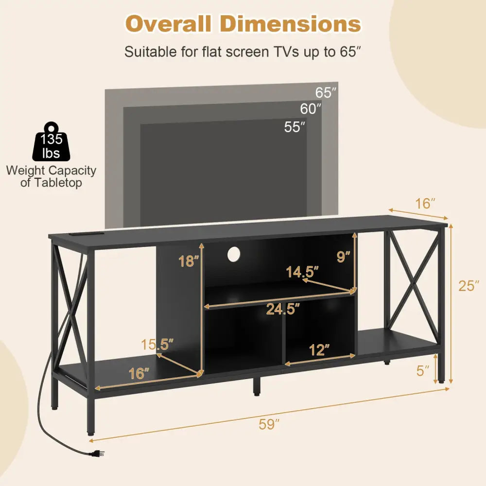 TV Stand with LED Lights for 65 Inch TV Entertainment Center with Power Outlets-Black - Black - Entertainment Centers &